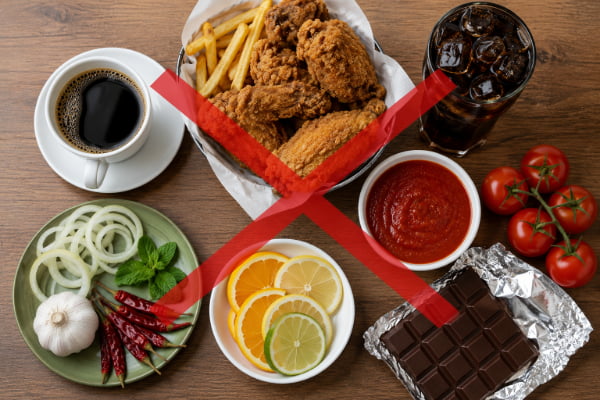 Flat lay of GERD trigger foods: fried food, coffee, citrus, and chocolate