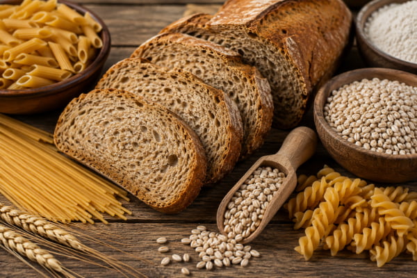 Wheat, bread, pasta and barley shown as common gluten sources tied to acid reflux