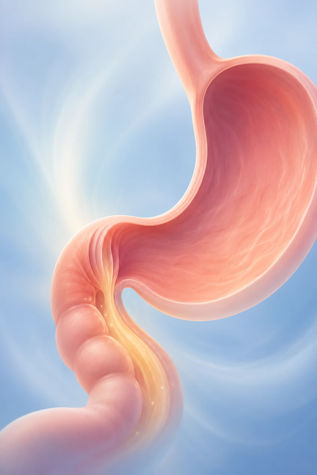 gpoem-pylorus-opened-stomach-emptying Illustration of the pylorus, the valve at the stomach outlet, relaxed and opened so the stomach can empty more easily
