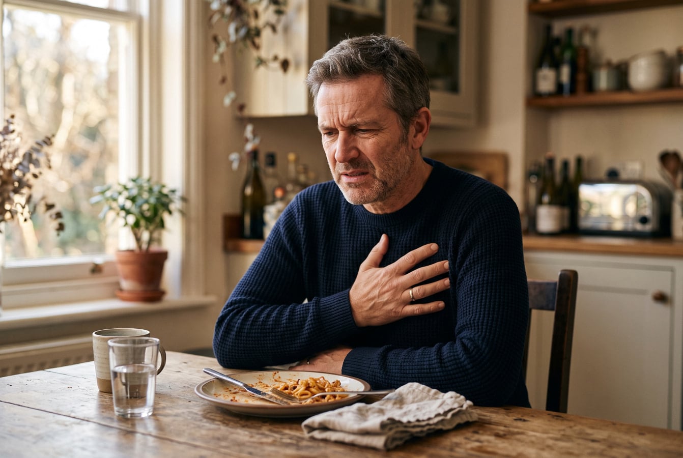 Man holding his chest with heartburn, a common sign of acid reflux and GERD