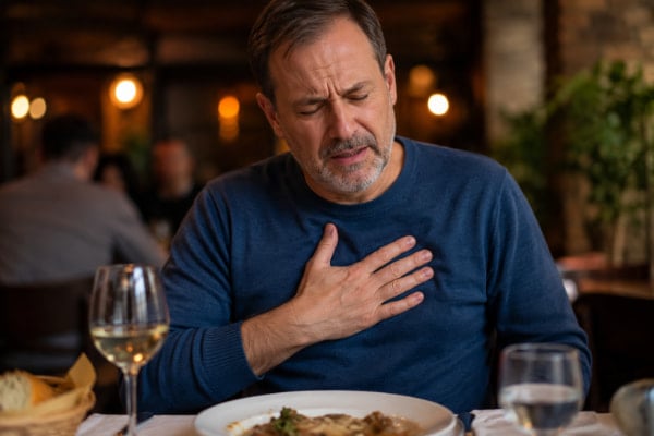 Man with heartburn after eating garlic during an acid reflux flare-up