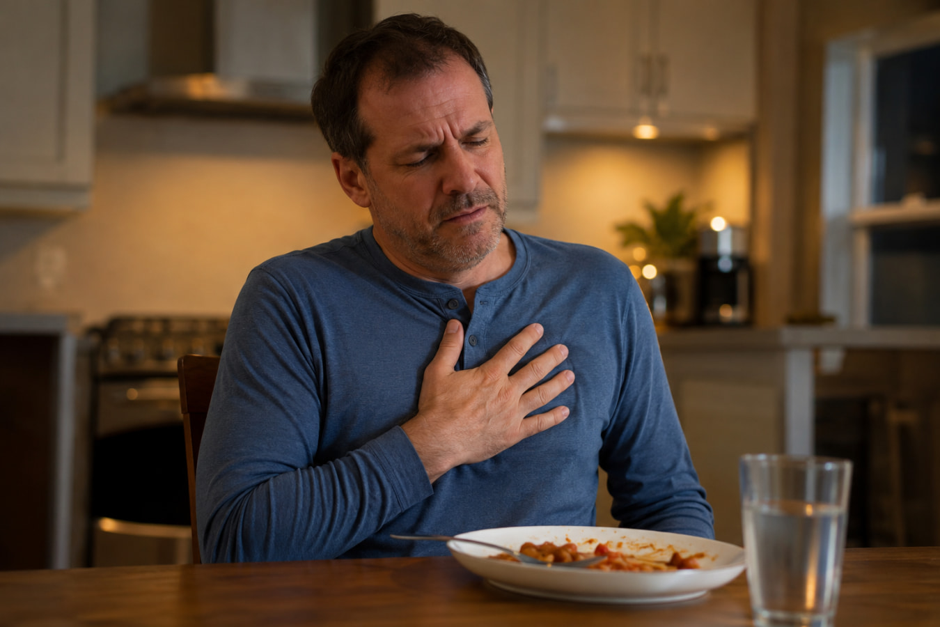 Man with heartburn and nausea holding his chest after a meal at home
