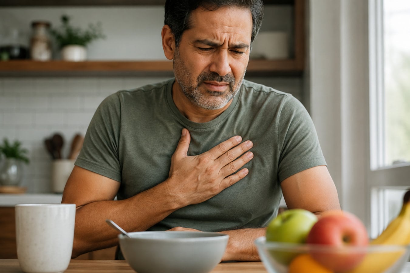 Man with hand on chest showing heartburn and bloating discomfort at a kitchen table