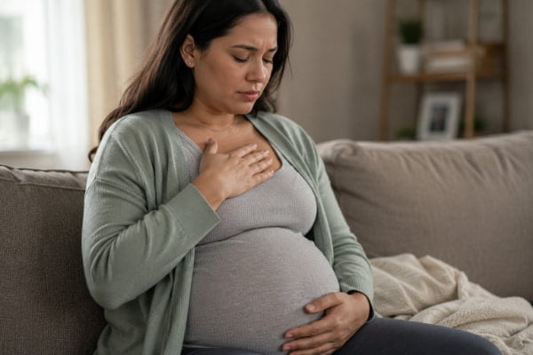 Pregnant woman experiencing heartburn and nausea while resting on a couch