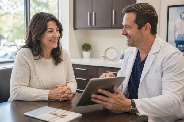 Patient at a post-surgery follow-up discussing long-term reflux relief after the LINX procedure