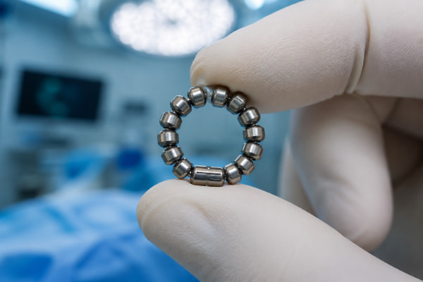Close-up of the LINX magnetic bead ring used to stop acid reflux at the esophageal valve