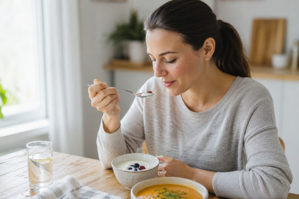 Patient eating small soft-food meals during LINX procedure recovery to support healing