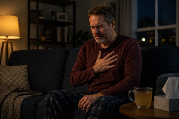 Man with nighttime heartburn after drinking ginger tea before bed