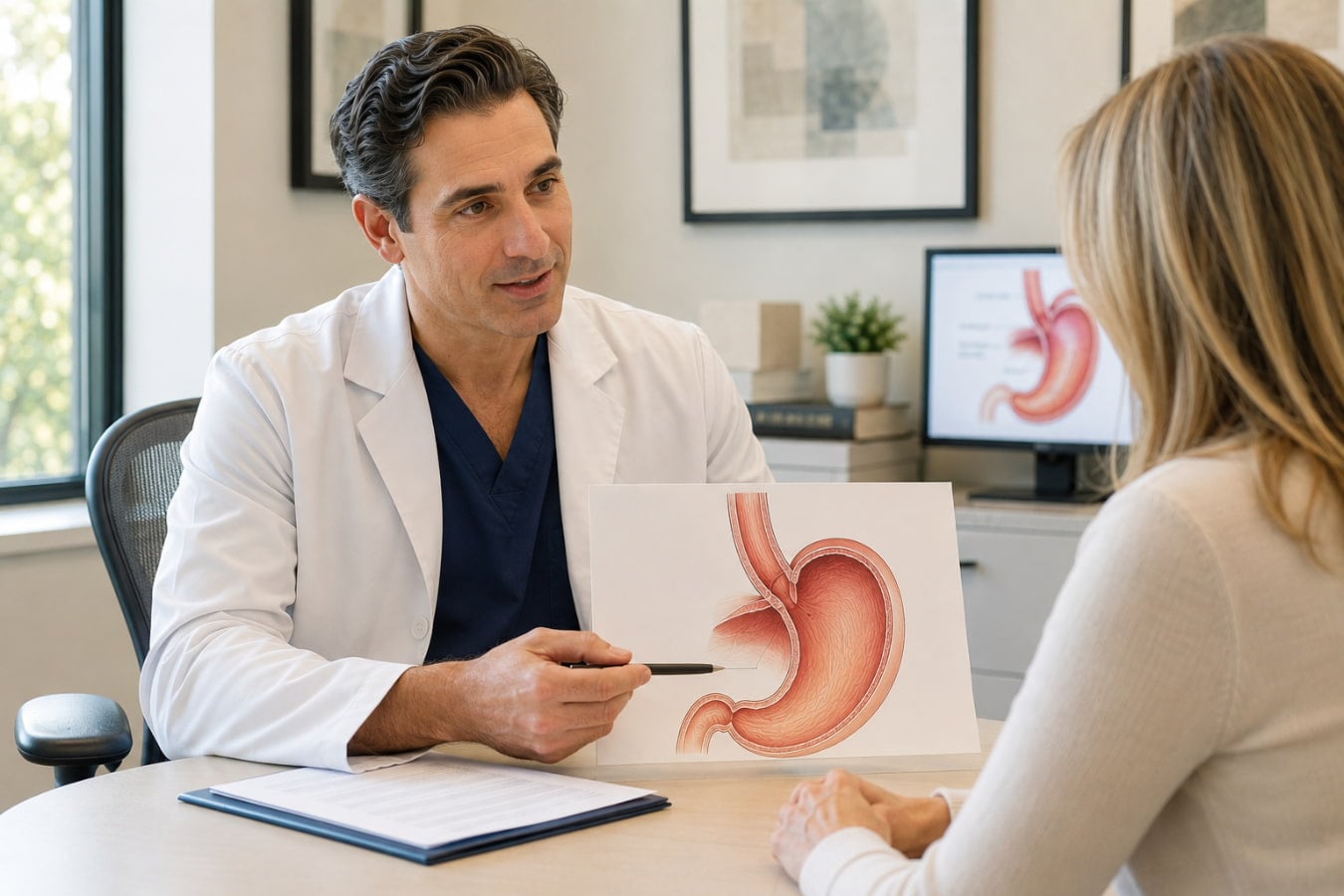 Surgeon explaining vomiting after Nissen fundoplication to a patient during a clinic consultation