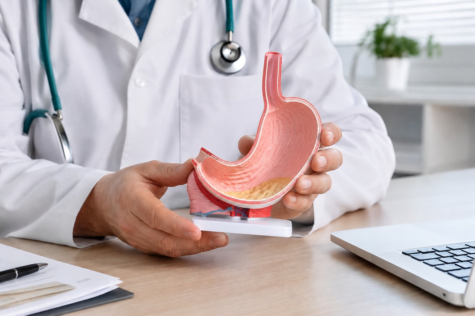 Doctor using a stomach and esophagus model to explain how a Nissen fundoplication works