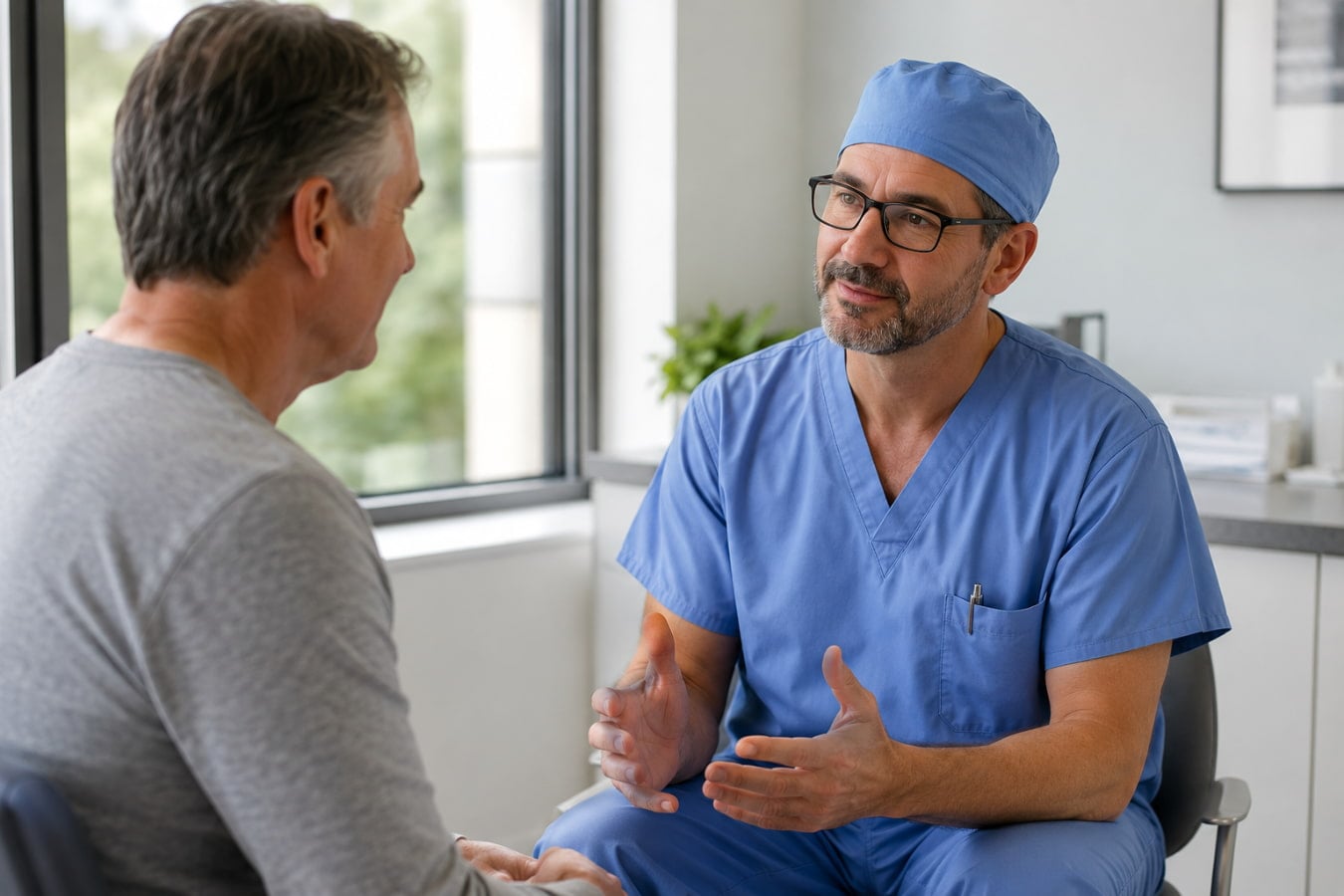 Surgeon discussing how long a Nissen fundoplication lasts with a patient in a clinic
