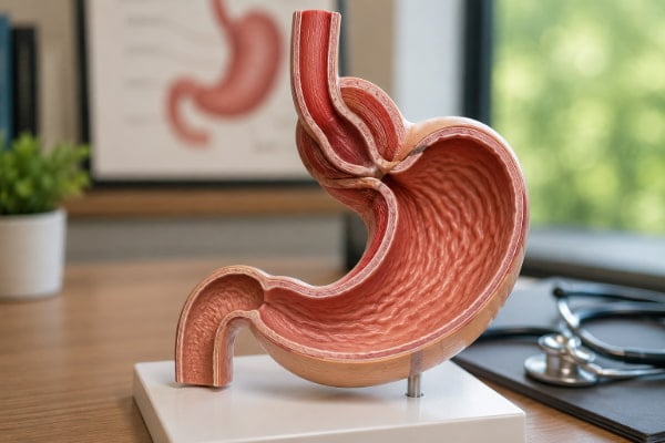 Anatomical model showing the Nissen fundoplication wrap around the lower esophagus valve