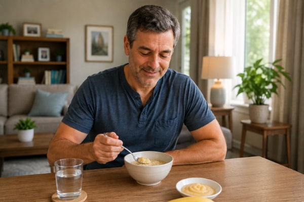 Patient eating small meals while recovering after a Nissen fundoplication