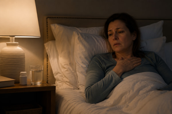 Woman awake at night propped on pillows with reflux-related breathing discomfort