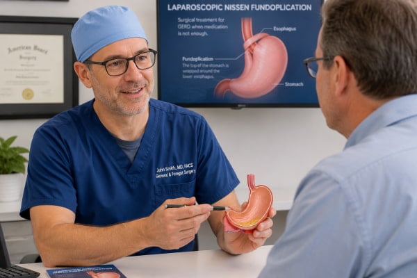 Patient discussing Nissen fundoplication options with a reflux surgeon in a clinic.