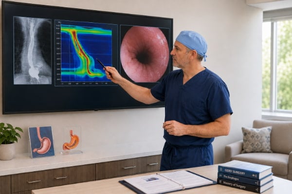 Reflux specialist reviewing imaging before recommending a fundoplication procedure