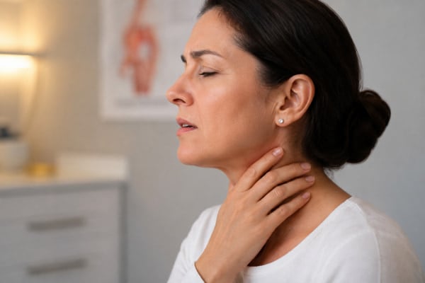 Woman with hand on her neck showing throat irritation caused by acid reflux