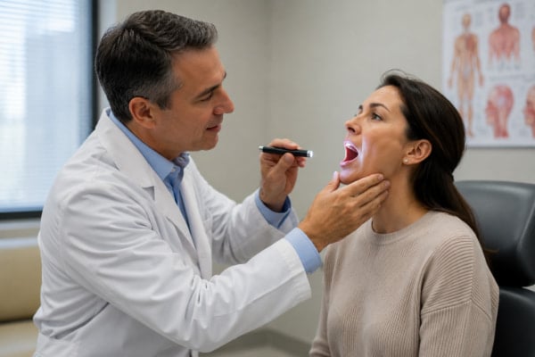 Doctor examining a patient's throat for silent reflux and LPR symptoms