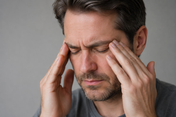 Close-up of man with sinus pressure from acid reflux headache symptoms