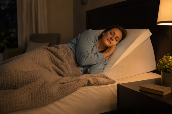 Person sleeping elevated on left side to ease acid reflux and headache