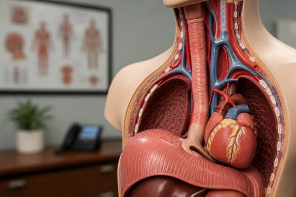 Anatomical model showing esophagus and heart proximity behind reflux-related palpitations