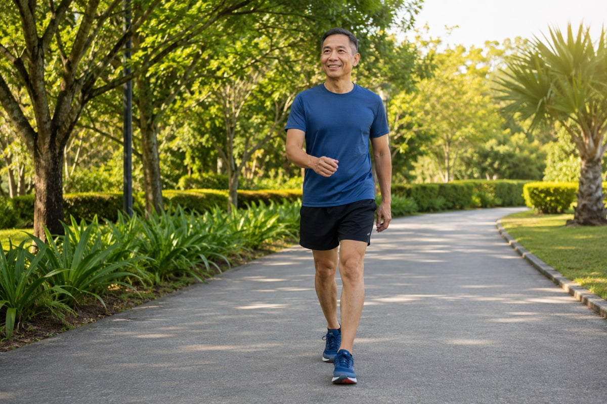 Person walking outdoors as a low-impact exercise for acid reflux relief