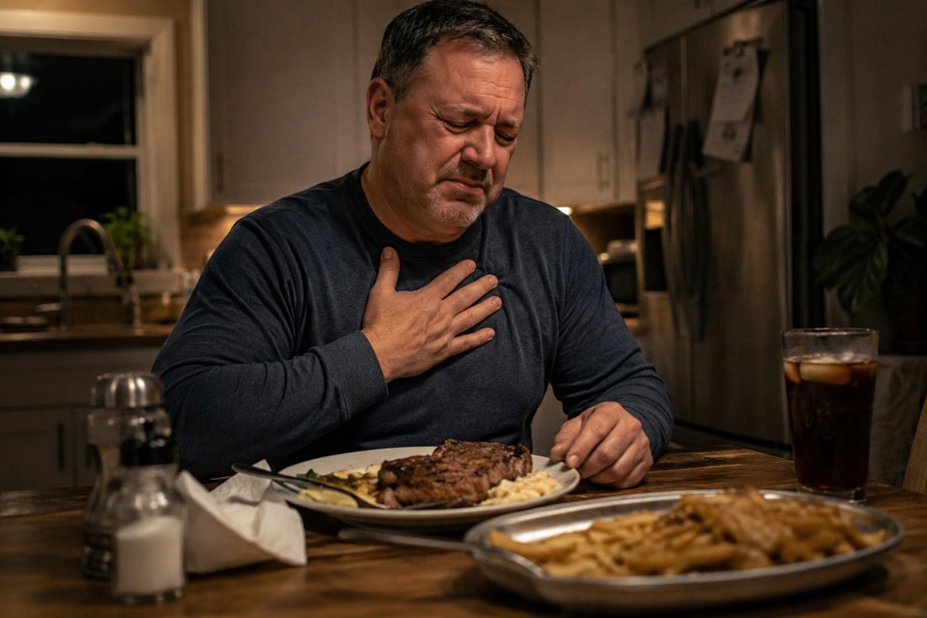 Man with hand on chest after eating, showing discomfort linked to acid reflux and vomiting triggers