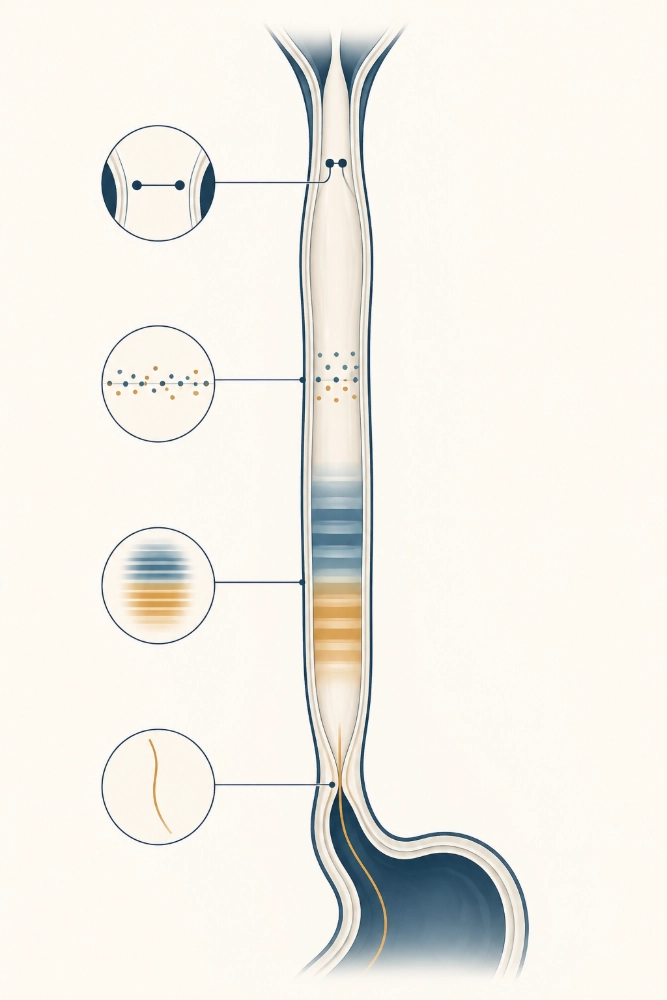 Illustration of the four esophageal tests used before reflux surgery