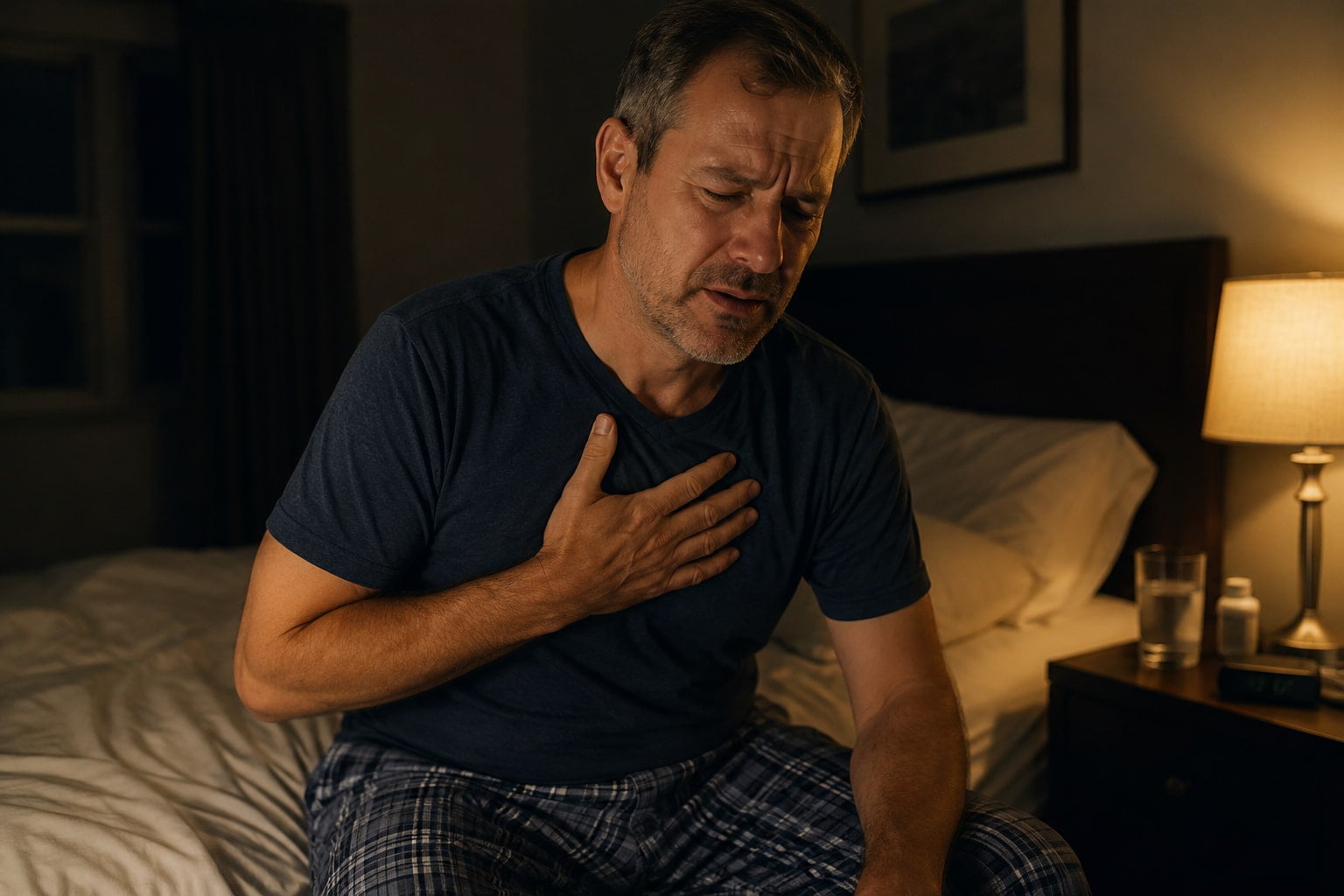 Man experiencing nighttime acid reflux symptoms with chest discomfort while sitting on bed