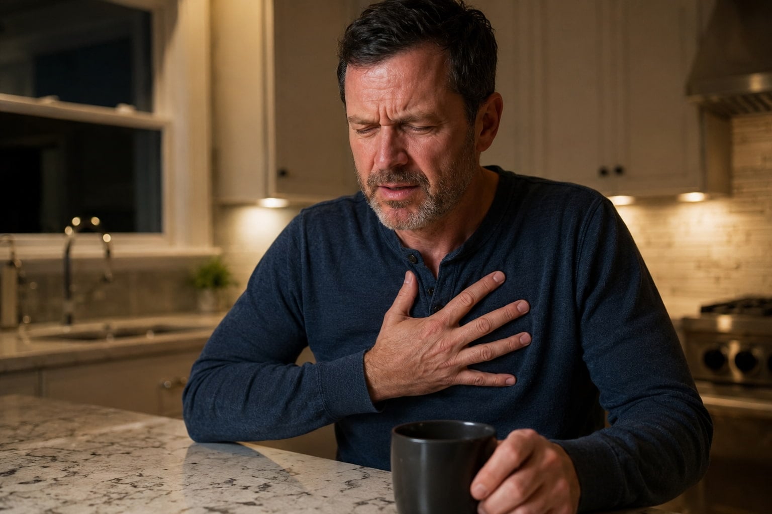 Man pressing hand to chest at night with acid reflux burning symptoms