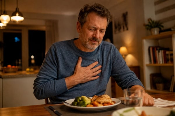 Man pressing his chest at a kitchen table, showing typical acid reflux discomfort after a meal