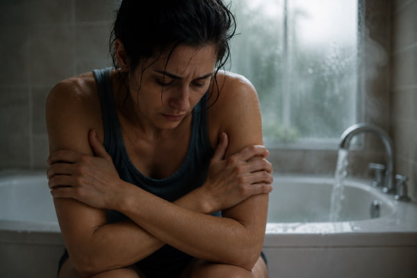 Person seeking hot shower relief from cannabinoid hyperemesis nausea symptoms