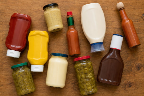 Common condiments including mustard and ketchup that can trigger acid reflux symptoms