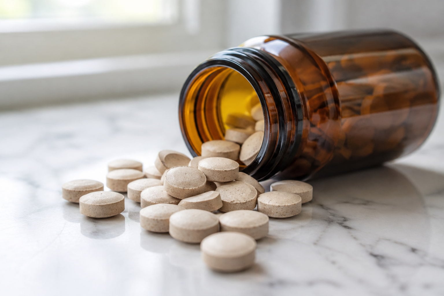 Unbranded DGL chewable tablets on a counter, a supplement people try for acid reflux relief