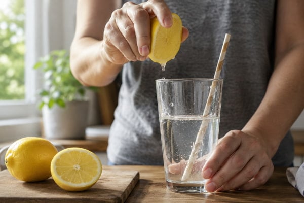 Hands diluting fresh lemon juice into water with a straw, the safer way to drink lemon water