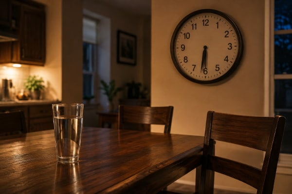Early dinner table with plain water, showing meal timing that helps reduce acid reflux at night