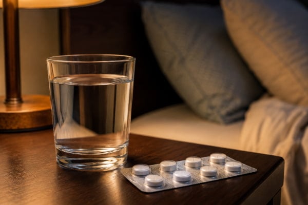 Antacid tablets and water on a nightstand for fast heartburn relief at night