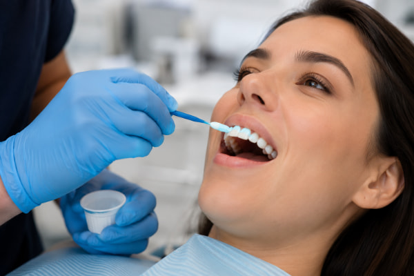 Dentist applying fluoride treatment to teeth damaged by acid reflux