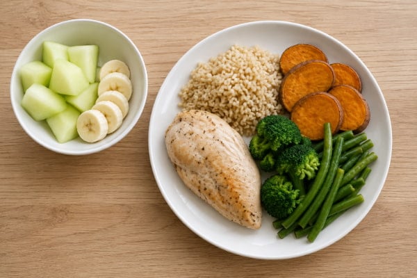 Reflux-friendly plate with baked chicken, green vegetables, sweet potato, brown rice, and melon