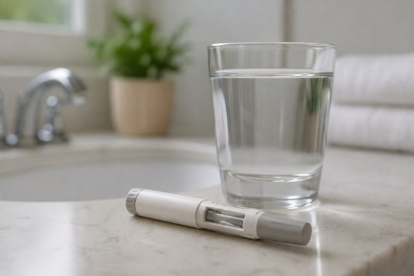 GLP-1 weekly injection pen on counter, linked to Ozempic heartburn side effects