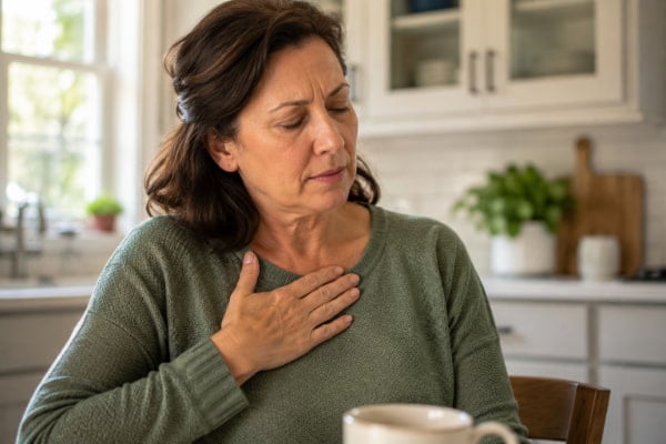 Woman with chest discomfort after a carbonated drink, a common kombucha and acid reflux reaction