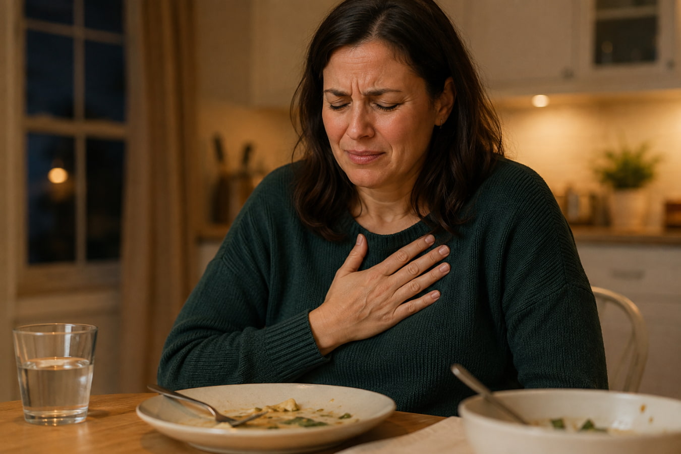 Woman pressing hand to chest with heartburn symptoms after an evening meal