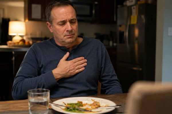 Man holding chest with heartburn discomfort after eating, seated at kitchen table