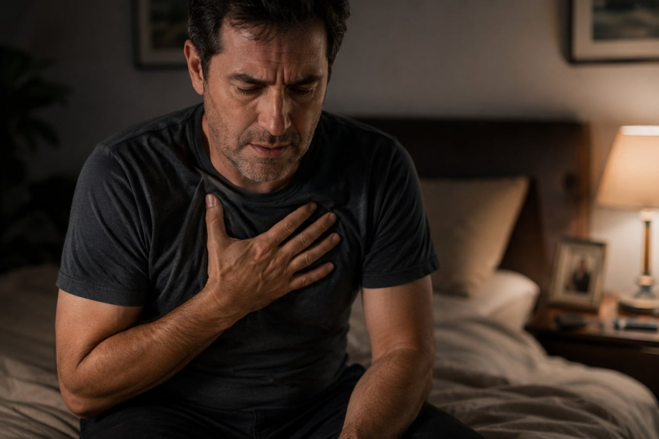 Man experiencing nighttime heartburn symptoms before considering treatment options