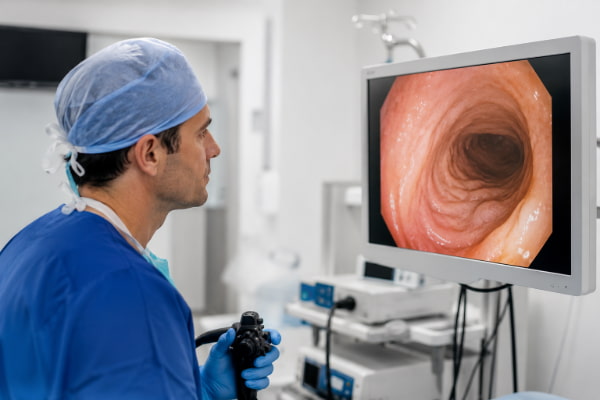 Reflux specialist reviewing endoscopy imaging to evaluate hiatal hernia in menopause