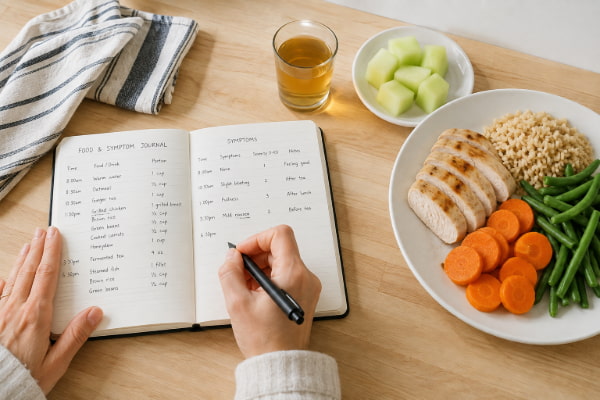 Food and symptom diary tracking kombucha with a reflux-friendly lunch to test acid reflux triggers
