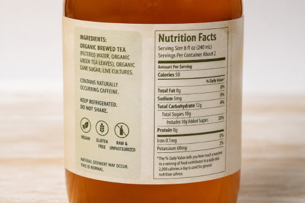 Close-up of kombucha ingredient panel showing sugar content and added flavorings to check for reflux