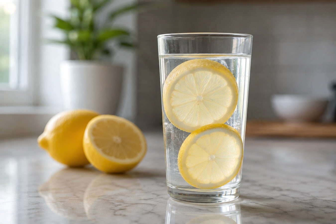 Glass of lemon water on a kitchen counter, a common home remedy people try for acid reflux