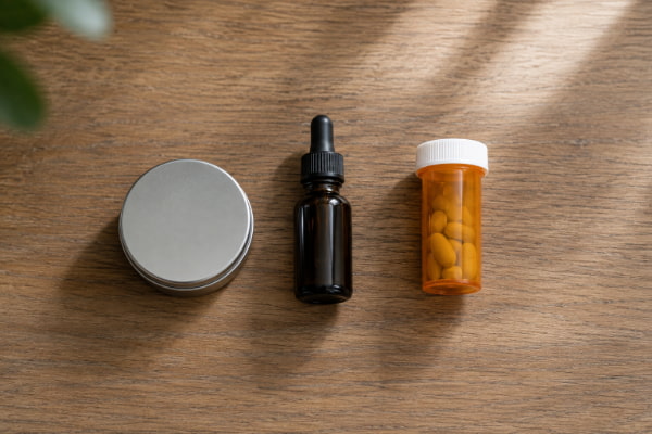 Cannabis edibles and tincture beside prescription medication for acid reflux