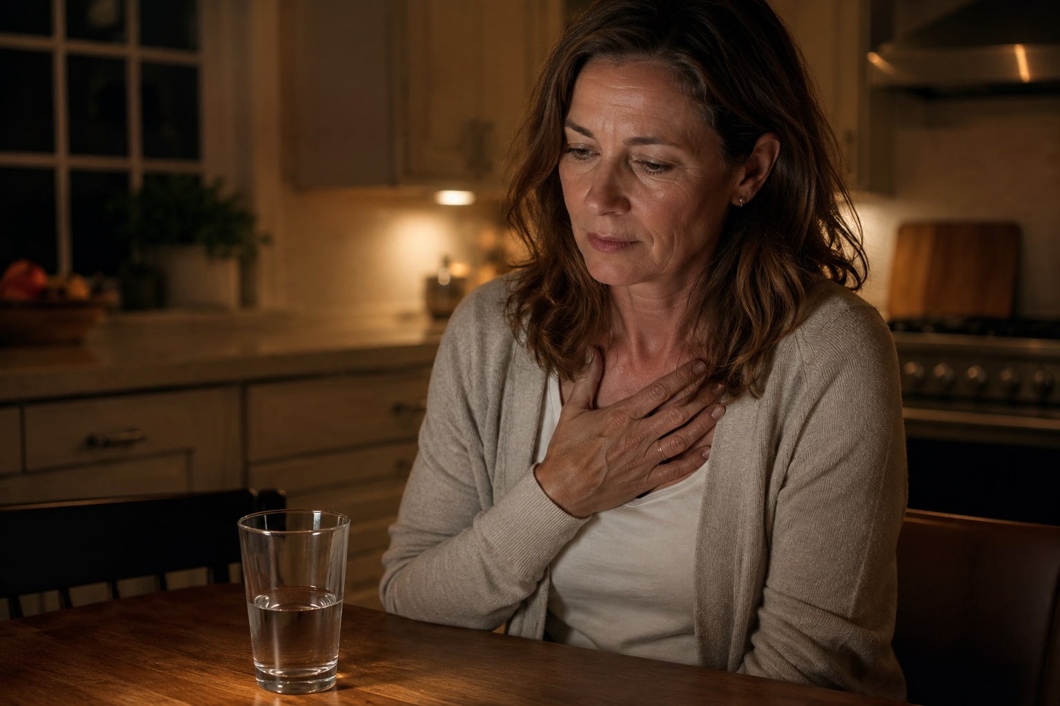 Woman in her fifties with chest discomfort from menopause heartburn at night